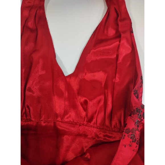 Y2K Red Halter Midi Gothic Satin Valentine's Day Prom Floral Jacquard Dress - L - Picture 8 of 16